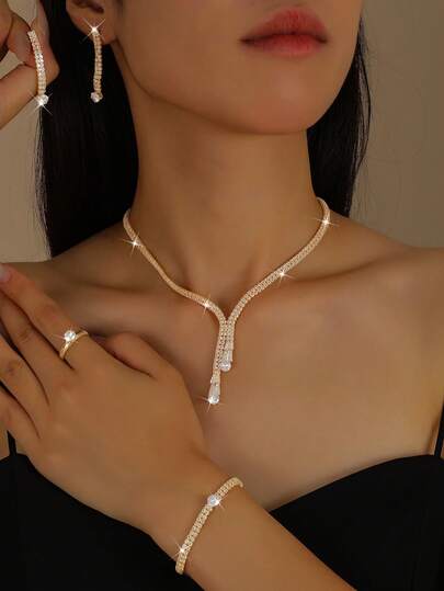 Conjunto de joyas para mujer - Collar, aretes, pulsera y anillo minimalistas y elegantes de circonita cúbica, adecuado para fiestas, bodas y accesorios del Día de San Valentín