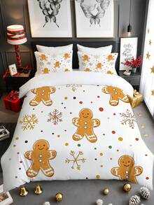 3pcs Christmas Cute Gingerbread People Pattern Print Duvet Cover Set (1*Duvet Cover + 2*Pillowcase, Without Core), Lighting Up The Colorful Atmosphere Of The Festival, Snowflakes And Colorful Dots Dance Together, Creating A Sweet Atmosphere, Christmas Theme, Winter Christmas, Soothing Visual Fatigue, Suitable For All Seasons, Suitable For Hotel, Bedroom, Guest Room And Dormitory Decoration Bedding