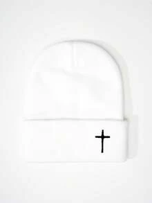 1 Stück Kreuz bestickter gestrickter Beanie, Y2K Stil Outdoor warmer Lässig vielseitiger Winterhut, geeignet für den täglichen Gebrauch