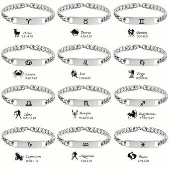 1 件不锈钢浪漫手链 - 男女通用不锈钢十二生肖手链，镌刻 12 星座，生日礼物个性化十二生肖链式手链，男女皆宜，12 个星座符号不锈钢星座手链，12 个星座吊饰，男女通用礼品珠宝时尚十二生肖吊饰手链，镌刻不锈钢链条男女通用星座手链，不锈钢链环采用 12 星座设计
