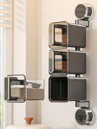 1 件豪华多用途灰色和乳白色香料罐，香料架抽屉储物盒，自粘壁挂式香料容器，时尚外观适用于橱柜、厨房、糖、盐、胡椒储存，无需钻孔，厨房台面和食物储存