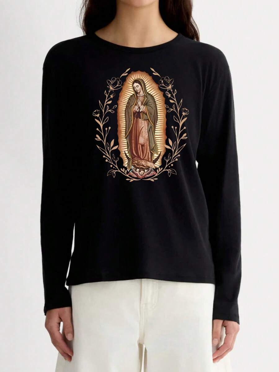 Our Lady Of Guadalupe Virgin Mary Long-Sleeved Shirt, Mother TShirt, Latina TShirt Gift For Catholic Mom, Vintage 90s Y2K Tee - Soft, Breathable Crew Neck Tee, Lightweight & Comfortable Casual Summer Wear, Women's Tops, White - Black - Long-sleeved - 查看 1