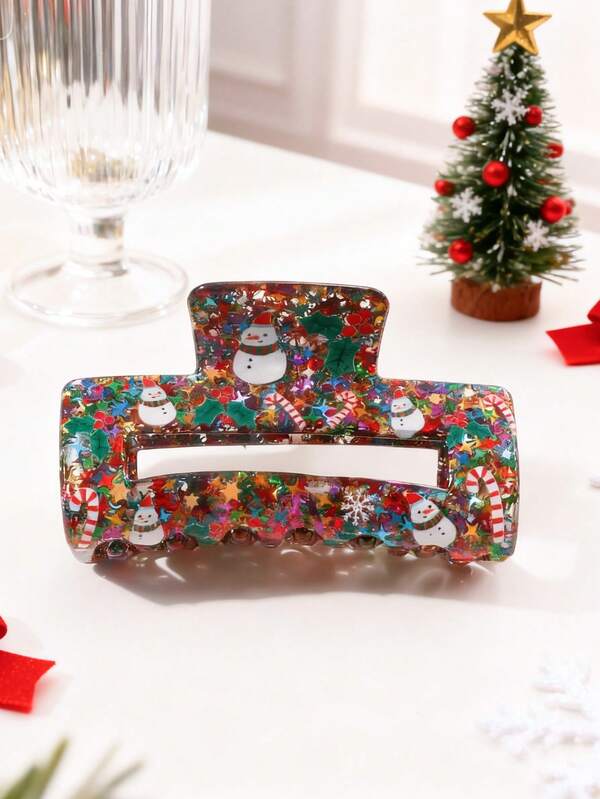1Pc Acrylic Hair Clip, Christmas Theme, Sparkling Sequins, Christmas Snowman Print, Rectangular, Large Size, Elegant And Cute Style, Suitable For Ladies And Teenagers. Fashion Hair Claw Elegant Claw Clips Winter Hair Accessories