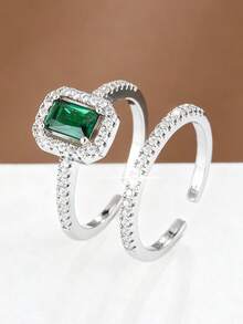 2pcs Gold-Plated Micro-Inlaid Cubic Zirconia Rings, Wedding, Engagement, Proposal Gift - Silver - View 11