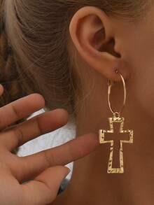 1 Pair Fashionable Hollow Cross Pendant Hoop Earrings, Gold Color - Yellow Gold - View 5
