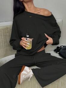 女士休闲性感百搭运动斜肩纯色休闲不对称/不对称口袋抽绳2件套 - 黑色 - 查看 1