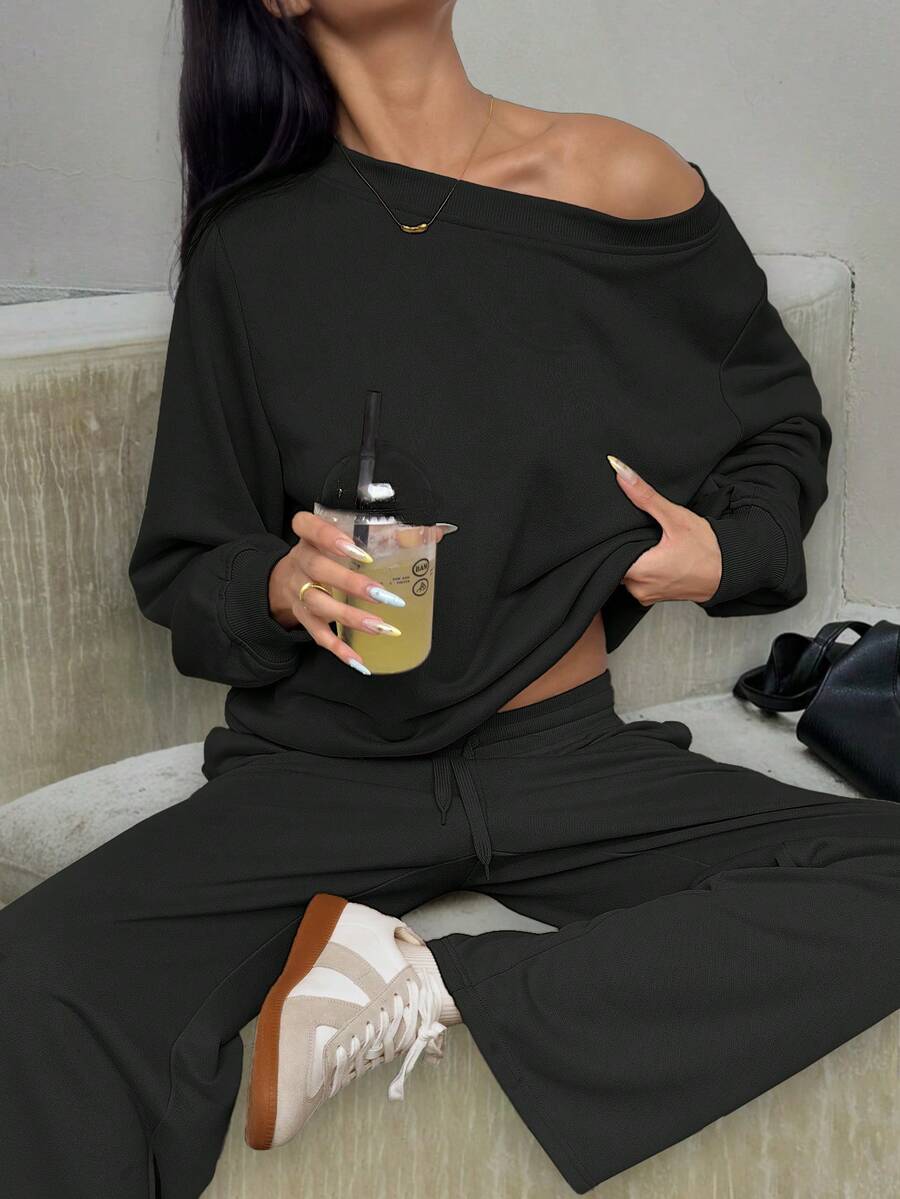 女士休闲性感百搭运动斜肩纯色休闲不对称/不对称口袋抽绳2件套 - 黑色 - 查看 1