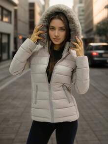 Jachetă de damă cu glugă și mânecă lungă, casual, blană artificială, buzunare cu fermoar, lungime normală, imprimeu integral, haină de iarnă călduroasă