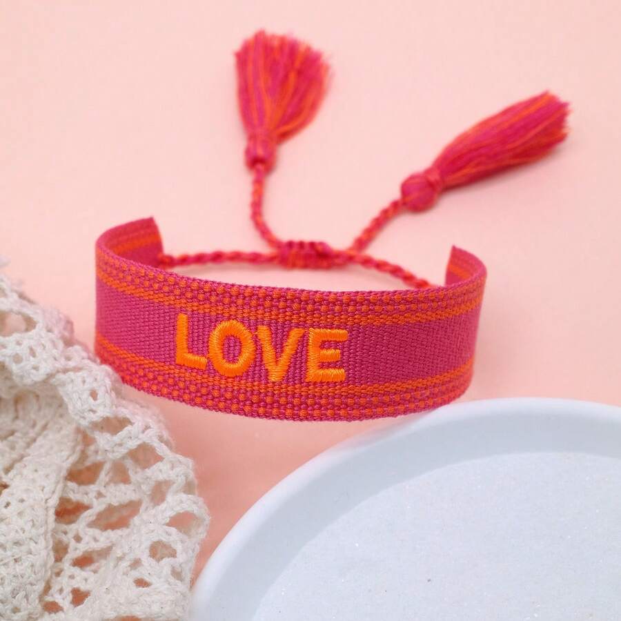 1 pieza Pulsera trenzada con borlas, bordada a mano con carta de amor, estilo bohemio - Rosa Fucsia - Ver 1
