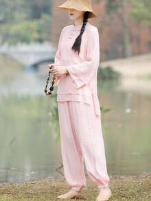 LUCIDVUE 2pcs Women's White Improved Hanfu Set, Chinese Style Asymmetric Design Tang Suit, Retro Button Flare Sleeve Linen Top And Casual Lantern Pants, Suitable For Spring/Summer Zen Tea Ceremony, Yoga, Tai Chi Pink - Pink - View 2