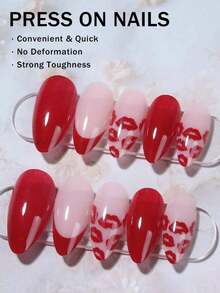24pcs/Set Press On Nails Almond Cute Red Heart Pattern Perfect Fit & Medium Length Fake Nail Design, Contain 1pc Jelly Glue And 1pc Nail File,Suitable For Women And Girls, Daily Life And Party Valentine's Day Use Nail Supplies - 多色 3 - 查看 3