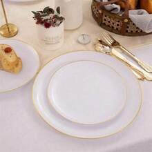 Elegant Gold-Rimmed Plates, White Plates With Gold Trim, Pasta Plates, Dessert Plates, Party Plates, Appetizer Plates, Cake Plates, Reusable And Easy To Clean Dinnerware, Suitable For Parties, Weddings, Luncheons, Family Gatherings, Engagements, BBQs, Dinners, Picnics, Buffets, Catering, Christmas Dinners, And More! - Multicolor - View 8