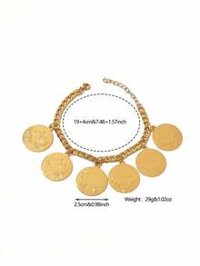 1pc Vintage Chunky Copper Alloy Gold Plated 6-Coin Tassel Bracelet, Suitable For Women's Daily Wear And Holiday Gifts