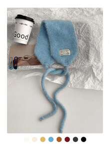 针织耳罩 - 时尚装饰头带式耳罩，女士高端毛绒围巾式头饰，复古保暖内衬针织系带颈套，秋冬多功能保暖耳罩 - 布標純色拉毛 - 查看 12