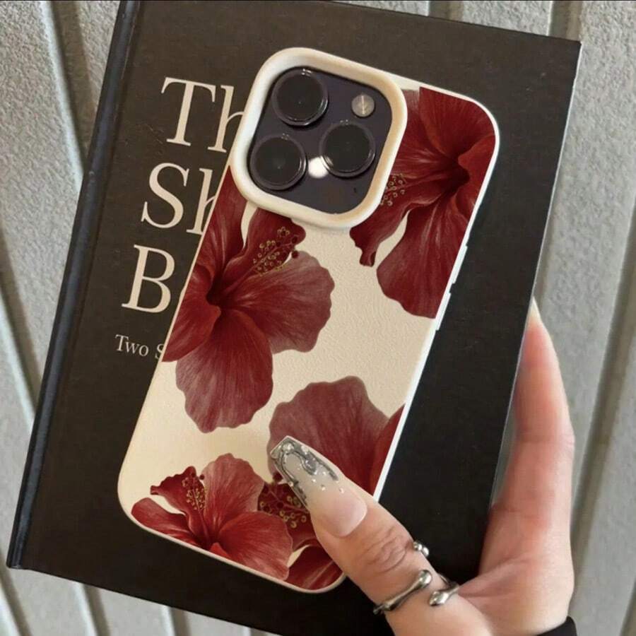 1pc TPU Material Elegant Dark Red Hibiscus Pattern Phone Case Compatible With IPhone 17 Pro Max/17/16 Pro Max/15/13/12/11, S20 FE/A15/S24/A55, Compatible With Redmi Note 11/Note 12/Note 13 Pro, Full Coverage Anti-Drop Soft Protective Phone Cover - White - View 1