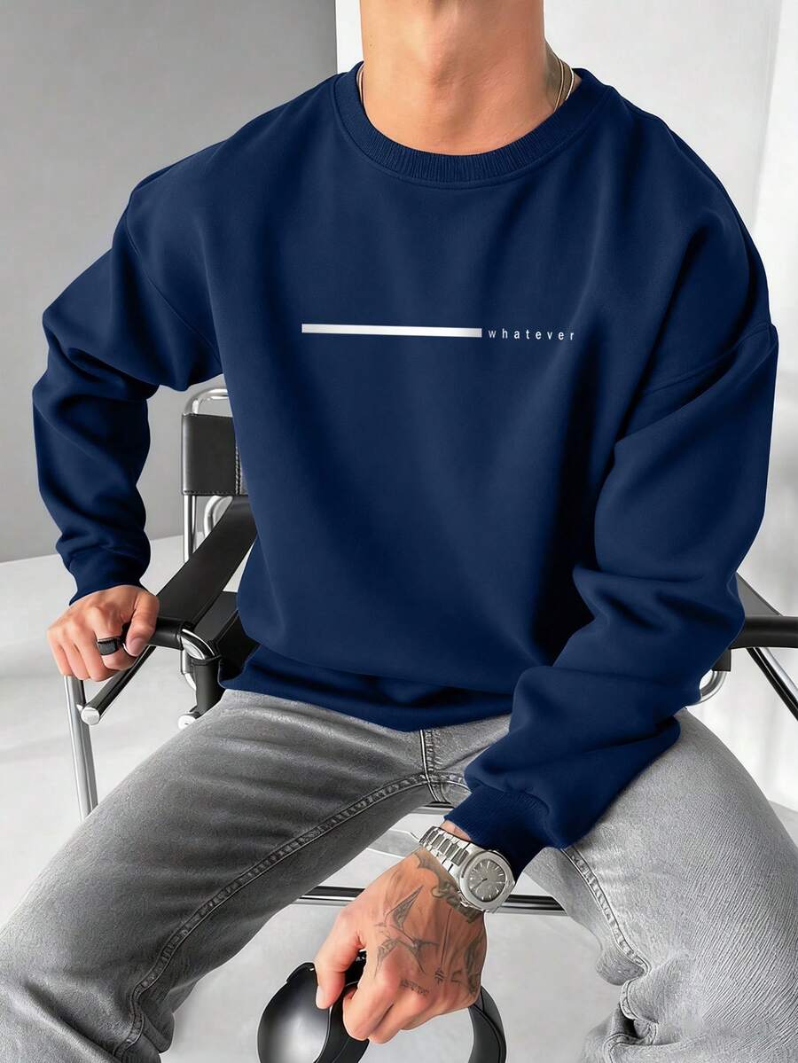 Men's Casual Versatile Daily Commute Minimalist Printed Crew Neck Short Sleeve Sweatshirt, Spring/Autumn - Navy Blue - View 1