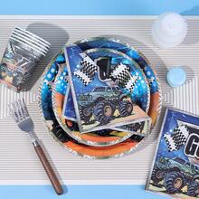 10/20/50 piezas, Juego de vajilla de cumpleaños de Monster Truck que incluye platos de papel, vasos y servilletas, platos desechables redondos de coches todoterreno, vajilla desechable de coches de carreras, platos con tema de camiones para fiestas de niños, pañuelos, vasos para decoraciones y suministros de fiestas de coches para niños