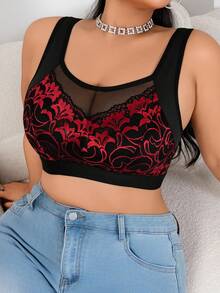 Plus Size Red Leaf Lace Patchwork Wireless Bra, Soft And Skin-Friendly Fabric - Red - View 6
