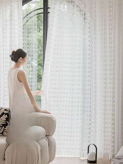 1pc Nordic Minimalist Curtain, Plaid Embroidered Sheer, Translucent, Versatile For Bedroom & Living Room, Fashionable Home Window Decor, Easy Rod Pocket Installation