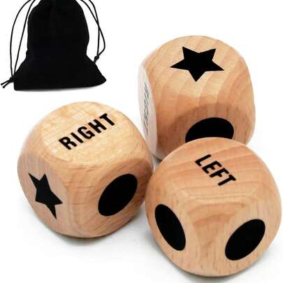 Set de 3 dados de juego de izquierda-derecha-centro, tamaño 2,5 cm/0,984 pulgadas, juego de dados de sacudir izquierda-derecha divertido, dados de madera con bolsa de cordón, accesorios de dados de madera, fácil de almacenar y transportar, adecuado para viajes, regalo de juego de Navidad