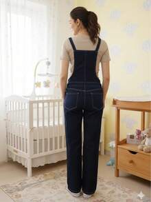 Overol  de mezclilla pre mamá pierna recta ajustable, tela strech - Azul lavado oscuro - Ver 2