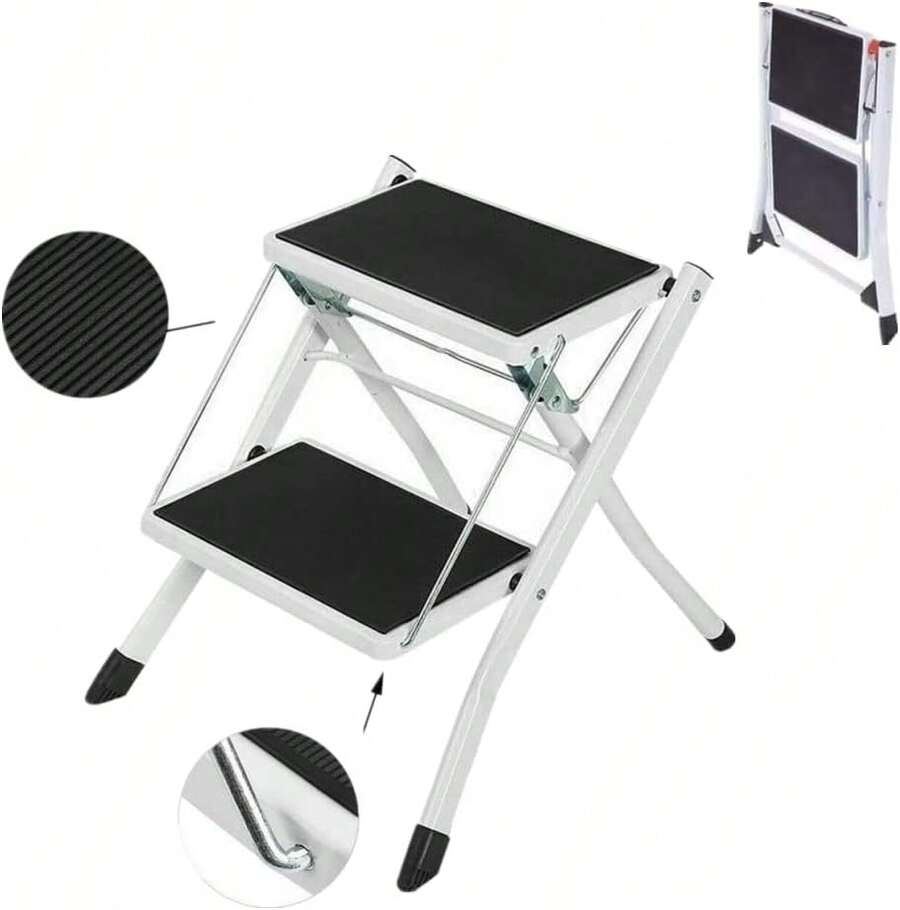 Huini Step Ladder Small Folding 2 Step Stool With Wide & Anti-Slip Pedals ,Portable Two Step Stools For Household, Kitchen, Office, Up To 330lb Weight Capacity - Black and White - View 1