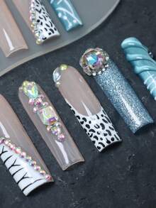 CrystalHola Conjunto de 10 unhas postiças artesanais, estilo francesinha, longas, cor nude com strass e estampa de leopardo, minimalistas e elegantes, combinando com azul, perfeitas para outono/inverno, acessório essencial para festas e casamentos, ótimo presente para meninas e mulheres, também adequadas para o Halloween e Ano Novo. - Multicolorido - Ver 4