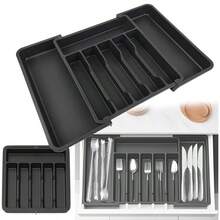 Royalswill Expandable Cutlery Tray For Storage Boxes, Kitchen Drawer Accessories, Extendable 6-8 Compartment Knife Tray For Kitchen Drawers, Adjustable Cutlery Organiser, Plastic Spoon, Fork And Knife Storage Box, Storage Insert For Cutlery Organisation - Black - View 1
