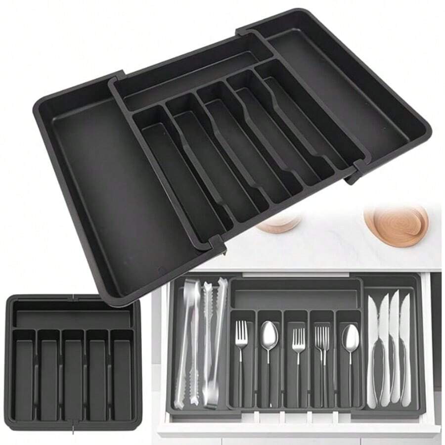 Royalswill Expandable Cutlery Tray For Storage Boxes, Kitchen Drawer Accessories, Extendable 6-8 Compartment Knife Tray For Kitchen Drawers, Adjustable Cutlery Organiser, Plastic Spoon, Fork And Knife Storage Box, Storage Insert For Cutlery Organisation - Black - View 1