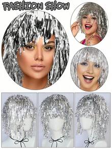 1pc Sparkling Party Wig Christmas Foil Tinsel Wig Fancy Dress Shiny Party Wig Adult Metal Cosplay Supplies Masquerade Engagement Ball Sparkling Party Wig Metal Costume Cosplay Props Birthday Party Family Party Disco Wig Christmas