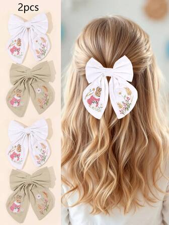 2 piezas Pinzas para el cabello con moños de tela blanca y marrón, moños bordados de conejo, hebillas elegantes para el cabello para niñas y adolescentes, regalos de otoño e invierno