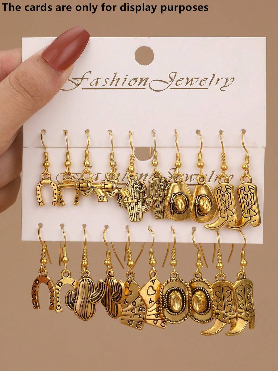 Set de 10 piezas de pendientes de estilo vaquero occidental de metal a la moda, con elementos de sombrero y bota - color dorado antiguo - Ver 1