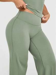Women's Solid High Waist Sports Leggings, Casual Comfy Breathable Loose Pants For Yoga Gym Workout Running, Ladies Sportswear For All Seasons, High Waisted Flare Legging - Green - View 4