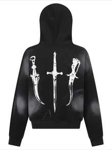 Gridborn Zip Up Hoodie Faux Fur Hood 3D Print Gothic Style Oversized Fit Streetwear - 黑色 - 查看 4