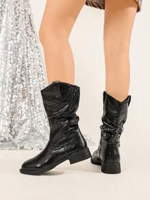 Herbst/Winter 2025 Neue schwarze westliche Vintage vielseitige Stiefel bis zur Mitte des Wades für Frauen, Schlupfstiefel, runde Zehenpartie, plissiert, flach, bequem, geeignet für Feiertage & Outdoor, auch in retro Braun erhältlich, Modestiefel