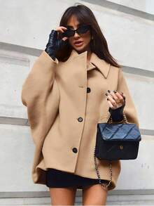 conciso Abrigo holgado de mujer con cuello vuelto, manga de murciélago, de un solo abotonado, bolsillo y de tela similar a la lana - Caqui - Ver 8
