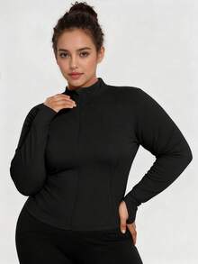Plus Size Women High Stretch Quick-Dry Yoga Jacket, Long Sleeve Stand Collar Slim Fit Sports Jacket With Zipper Closure, All-Season Fitness & Casual Wear, Machine Washable, Fashionable Fabric Design - Black - View 4
