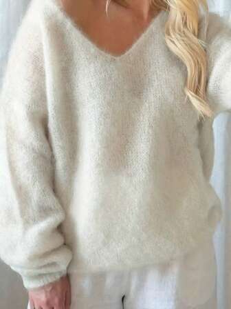 Damen Locker sitzender V-Ausschnitt Strickpullover, leichter Strick-Top, elegante weiße Bluse, essentiell für Herbst/Winter, fließender Langarm-Pullover, Frühling/Herbst