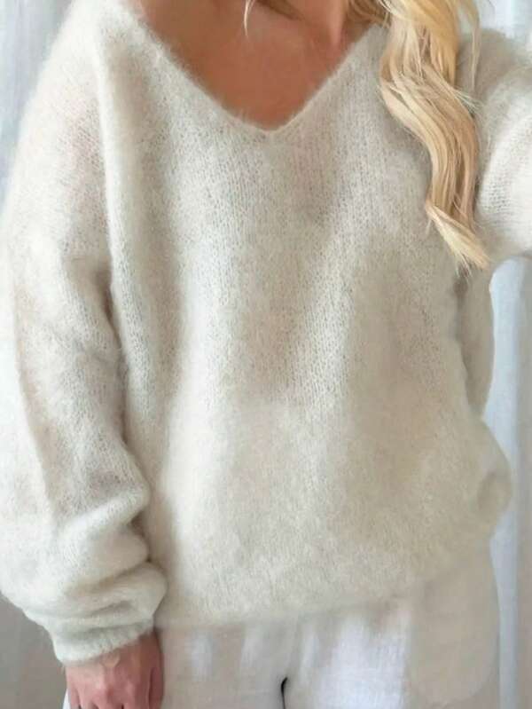 Damen Locker sitzender V-Ausschnitt Strickpullover, leichter Strick-Top, elegante weiße Bluse, essentiell für Herbst/Winter, fließender Langarm-Pullover, Frühling/Herbst