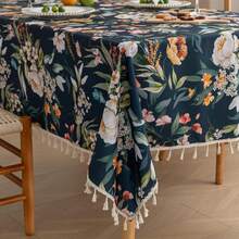 French Country Tablecloth For Square Tables,Fringed Edges With Leaves And Flowers Pattern Tablecloths,Farmhouse Floral Table Cover Cloth Drative For Kitchen Dining Room,59"X 70",24897019 - 藍色 - 查看 1