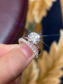 XUJIA 1 Set Of 925 Sterling Silver Wedding Anniversary Round Cut 8mm & 2mm Moissanite Women's Four-Claw Wedding Ring Set