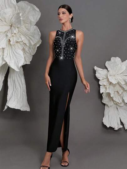 Knitted Bandage Dress Women, European And American Luxury Beaded Dress, Sexy Bodycon Evening Gown For Family Gatherings, Parties, Banquets