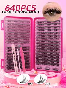 640 件 D 卷曲单根睫毛簇大容量 10D+20D/30D+40D+50D，常规睫毛 12-16 毫米 DIY 睫毛簇套装自然外观、超浓密、纤细、超柔软、超轻可重复使用单段假睫毛睫毛延长套装带化妆工具睫毛。 - 粉色 - 查看 5