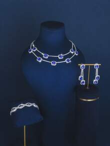 2件套优雅奢华水钻项链、耳环和首饰套装 - 适合女性日常佩戴、婚礼、派对等场合。 - 藍色 - 查看 2