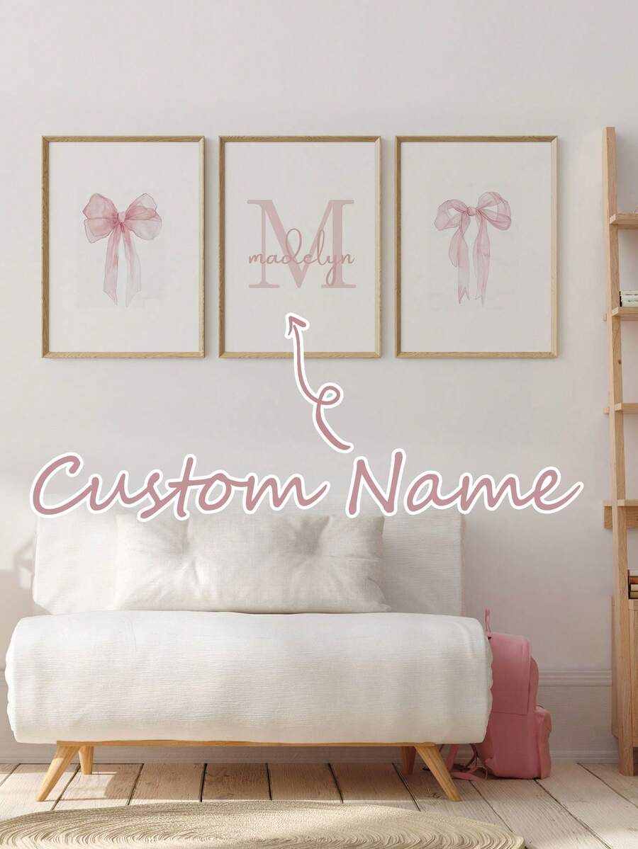 3pcs Personalized Name Wall Art Butterfly Print Customizable Canvas Poster, Available In Pink, Blue, Yellow Butterfly Design, Elegant And Aesthetic Wall Decor Suitable For Women, Baby Girls, Bedroom, Apartment, Dorm - Multicolor - View 1