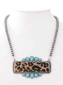 1pc Bohemian Style Leopard Print Leather Geometric Turquoise Pendant Necklace, Women - Necklace - View 13
