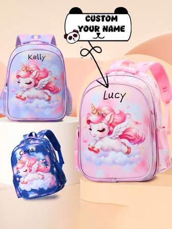 Ein großvolumiger Nylon-Rucksack mit individuell anpassbarem Namen, mit niedlichem Einhorn-Motiv, stylisch und verspielt, in verschiedenen Farben erhältlich, mit der Option zum Eingravieren eines Namens oder einer Urlaubsgrußbotschaft, um einen einzigartigen Rucksack zu schaffen, ein Geschenk für Freunde