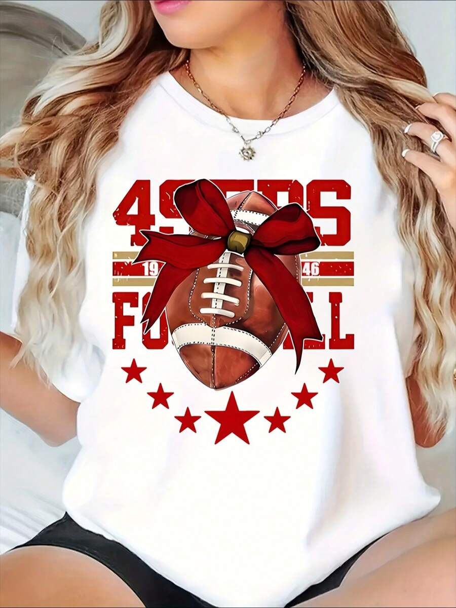 49ers Football Fan Gift Tee With Bow Design For Game Day And Holiday Celebrations, 220g - White - View 1