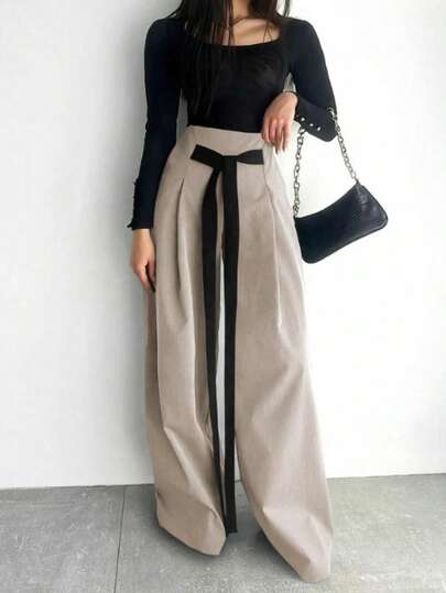 大码女式优雅撞色蝴蝶结双面休闲裤