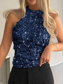 Vaiaye Women's Sexy Off-Shoulder Sequin Blouse, Suitable For Valentine's Day, Back To School, Music Festivals, Mother's Day Parties - Navy Blue - View 11